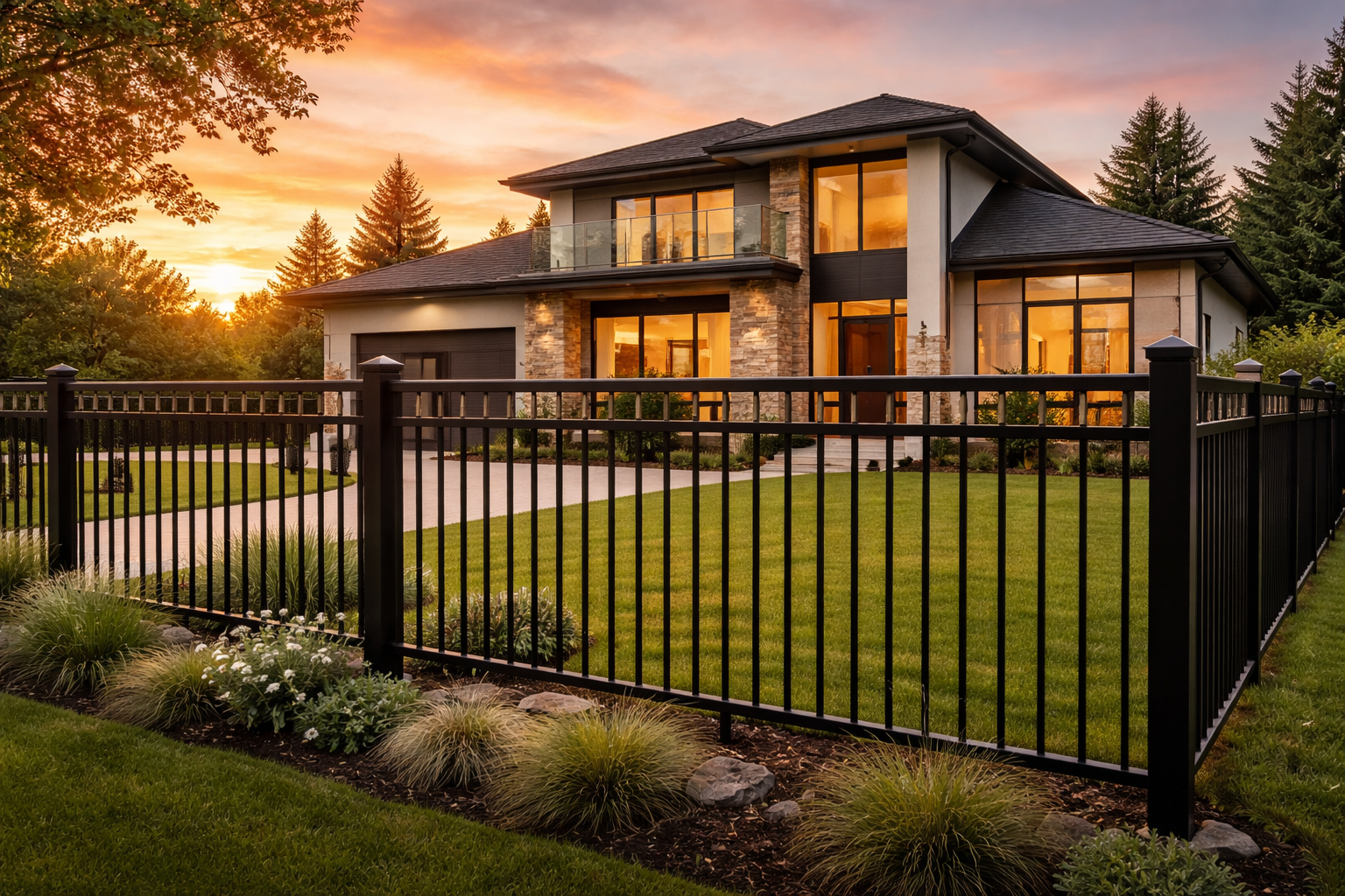 Modern home at sunset with aluminum fence